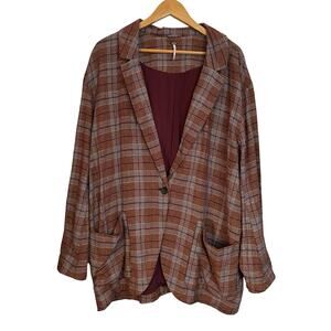 Free People Simply Plaid Blazer Pomegranate Single Breasted Oversized Linen XL
